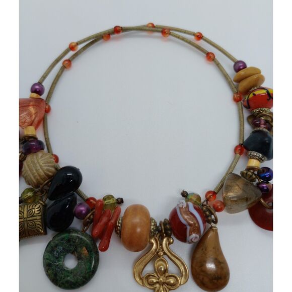 Vintage Multi Stone Bohemian Style .:* 22" Beaded Coil Necklace *:. w/Coral - Picture 5 of 5